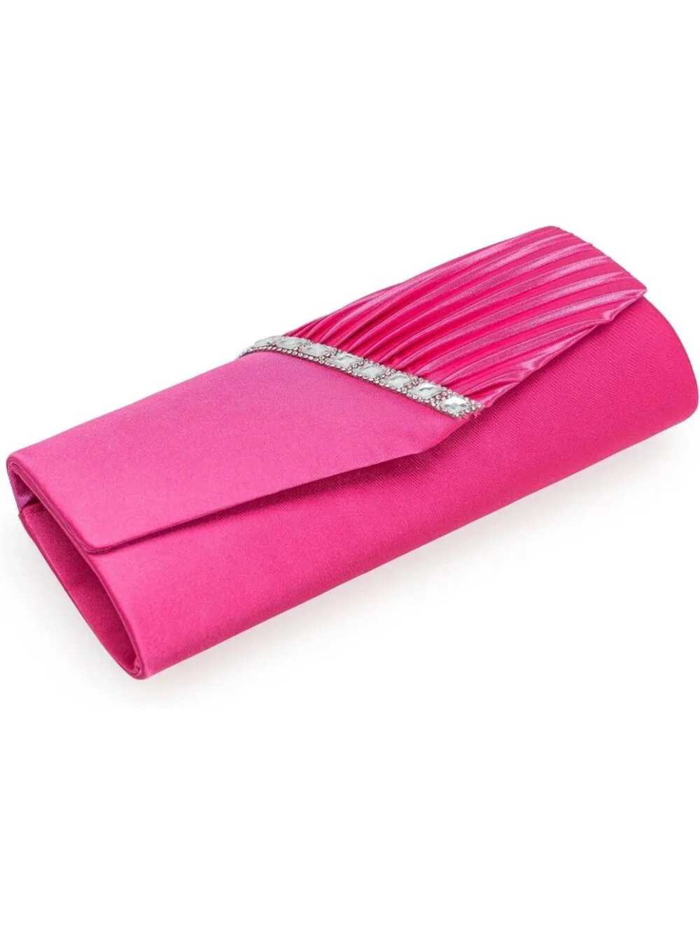 Women's Hot Pink Crystal Embellished Pleated Satin Clutch Purse For Evening Bag